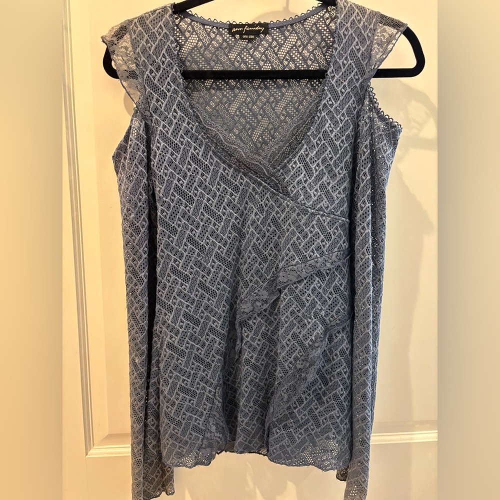 Elegant Lace Cut Out Shoulder Top in Blue
